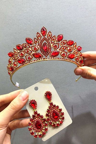 Hobigram Set coroană și cercei cu henna roșie pentru cele mai frumoase mirese – coroană, piatră de cristal, model elegant, coroană de mireasă – coroană
