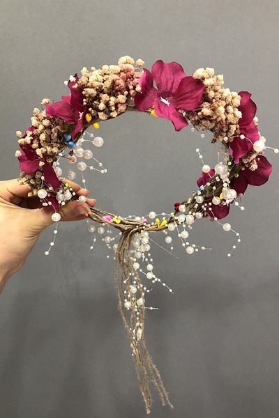 Hobigram Coroană cu flori uscate cu fucsia Cipso și Hortensia cu perle, specială pentru nunți – Coroană, piatră de cristal, model elegant – Coroană