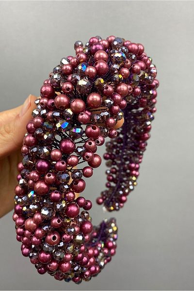 Hobigram Accesoriu pentru păr Burgundy Janjanlı Leal Bombeli Crystal și Pearl – Coroană, Crystal Stone, Model Chic – Coroană –