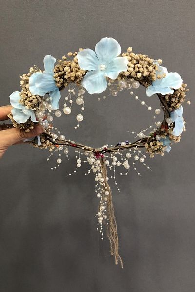 Hobigram Coroană specială pentru nunți, cremă, floare uscată albastră – Coroană, piatră de cristal, model elegant, coroană de mireasă –