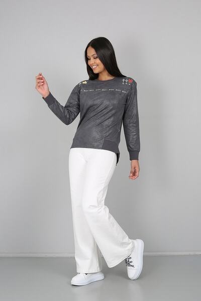 Banadamoda Antrasit Baskılı Taşlanmış Deri Görünümlü Sweatshirt