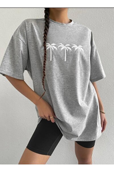 LOUİSA Tricou oversize unisex gri Palm Tree