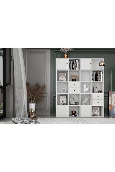 Nettrends 4 Kapakli Çekmeceli Rafli Kitaplik 130 Cm Beyaz Ktp-1121-ç