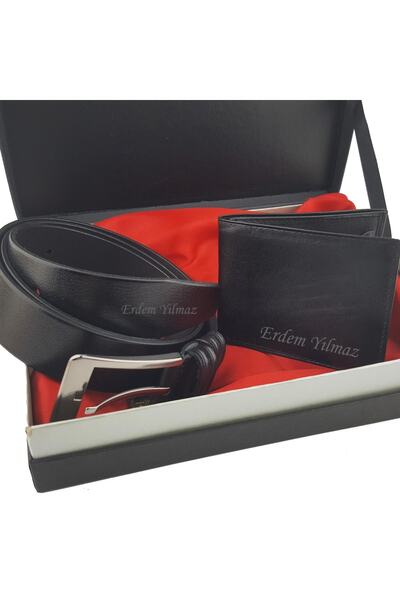 PİGADO Isme Kişiye Özel Hakiki Deri Siyah Cüzdan & Kemer Seti