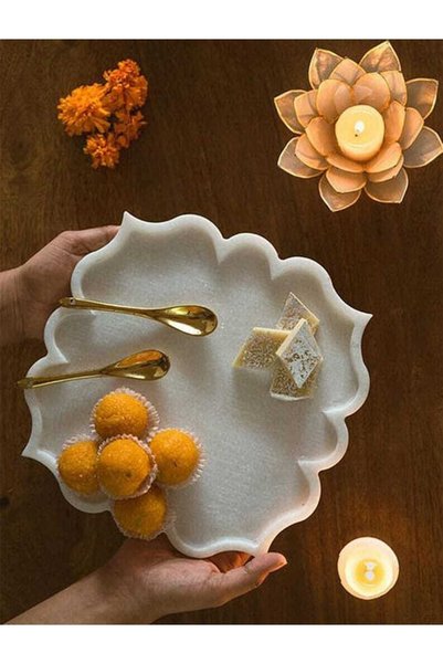 Sümeyra Marble Art Gardenya - Dekoratif Doğal Beyaz Mermer Sunum Tepsisi | 30...