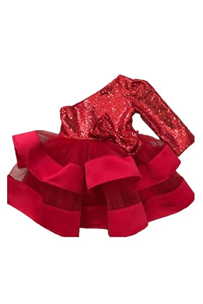 Mashotrend Kırmızı Payetli Kurdelalı Tek Omuz Abiye - Çocuk Abiye Şerit Tüllü...
