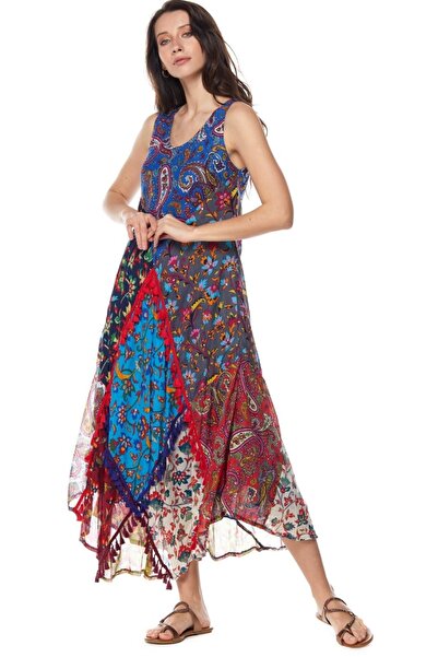 Newbutix Şile Bezi Turkuaz Patchwork Elbise