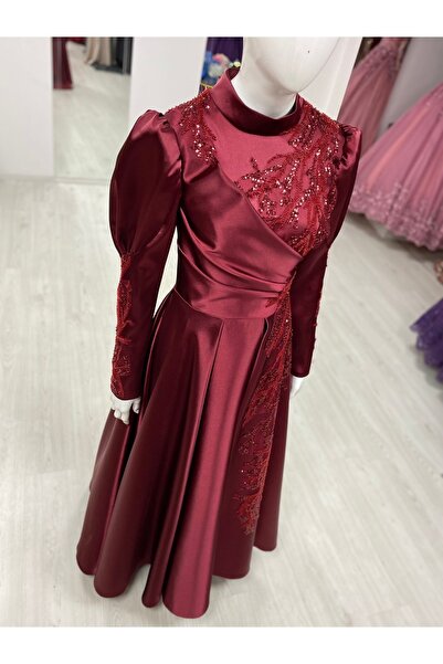 Moda Sinanlar Taş Detaylı Parlak Saten Yeni Sezon Tesettür Abiye Elbise