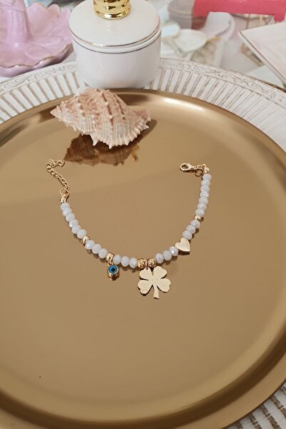 Trendy Butik Beyaz Kristal Boncuklu Nazar, Yonca Ve Kalp Detaylı Bileklik