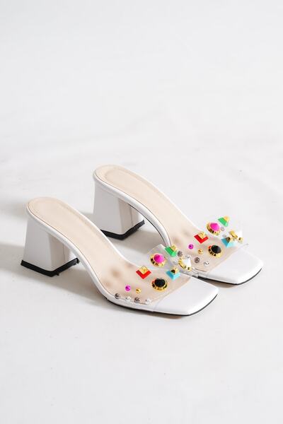 MORIA Women's Tia Transparent Color Single Band Slippers Floor And Heel White Color Heel Height 7 cm