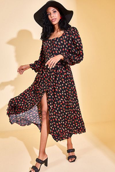 XHAN Schwarzes Damenkleid mit Blumenmuster und quadratischem Kragen und Schlitz 2YZK6-12770-02