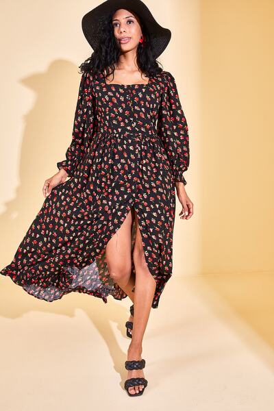 XHAN Schwarzes Damenkleid mit Blumenmuster und quadratischem Kragen und Schlitz 2YZK6-12770-02