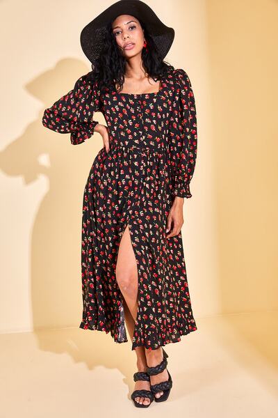 XHAN Schwarzes Damenkleid mit Blumenmuster und quadratischem Kragen und Schlitz 2YZK6-12770-02