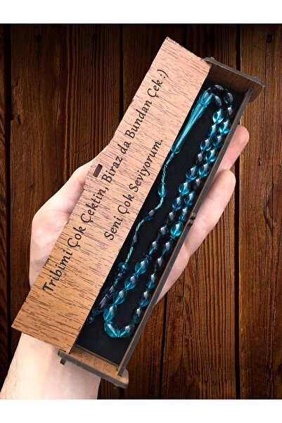 KANUNİ TESBİH Cadou pentru soție, cutie de lemn Scris promisiune Petrol Blue Moire System Tassel Tasbih