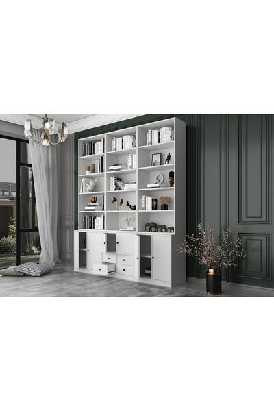Nettrends 6 Kapakli Çekmeceli Kitaplik 200cm Beyaz Ktp-1355-ç