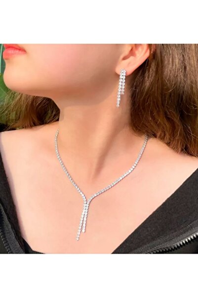 TakıConcept Kadın Abiye Kolye Ve Küpe 2'li Taşlı Set