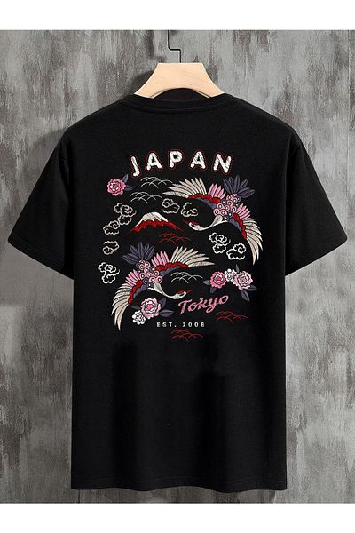 DEEPSENCE Unisex Oversize T-shirt Japanese Rose Pattern Back Print Black