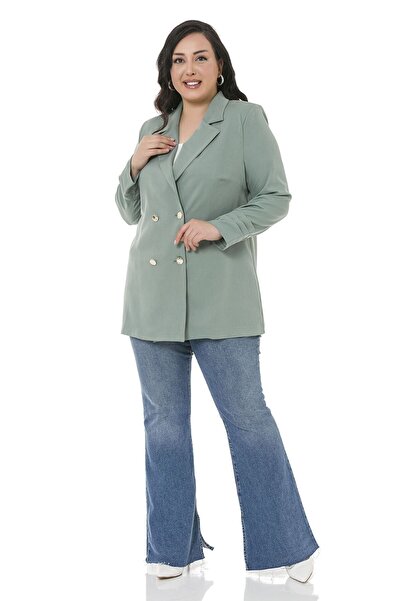 DISENTIS MODEST Jachetă de damă cu mâneci plisate verde mentă, cu piept dublu, mărime mare - fără căptușeală