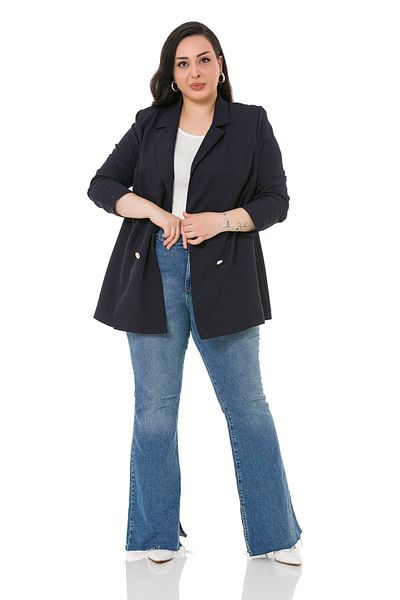 DISENTIS MODEST Navy Blue Double Breasted Women's Pleated Jacket - Plus Size, Mono Collar, Unlined