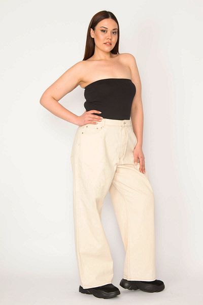 Şans Tekstil Beigefarbene, gewaschene Gabardine-Stoff-Plisseehose für Damen mit weitem Bein und 5 Taschen 26a33059