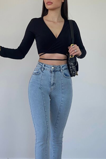 LİMABEL Yüksek Bel Yırtmaçlı Jeans Buz Mavi Önden Yırtmaçlı Jeans Yırtık Likralı Kot