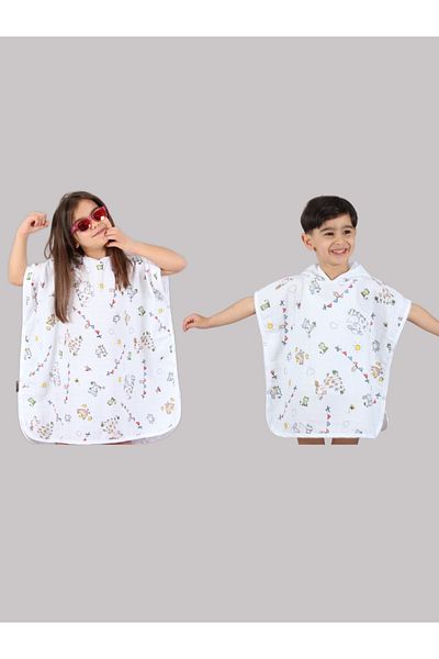 DİDABABY Muslin Hooded - Double Layer Poncho Bathrobe, Farm Pattern
