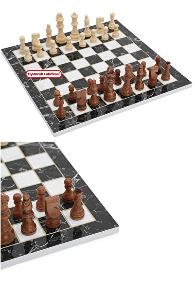 Miajima Ahşap Satranç Takımı Siyah Mermer Desenli Büyük Boy