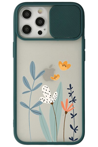 WANNA PROTECT Iphone 12 Pro Max Koyu Yeşil Kamera Korumalı Sürgülü Çiçek Bask...