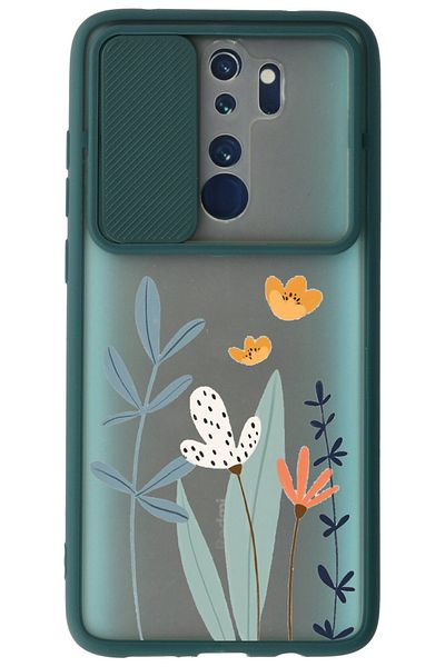 WANNA PROTECT جراب سيليكون لهاتف Xiaomi Redmi Note 8 Pro باللون الأخضر الداكن مع طباعة زهور منزلقة لحماية الكاميرا