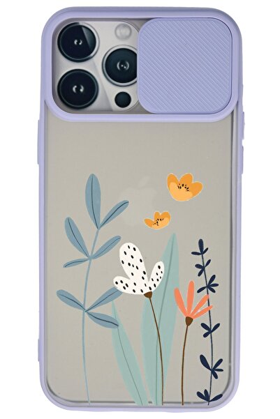 WANNA PROTECT Iphone 13 Pro Max Lila Kamera Korumalı Sürgülü Çiçek Baskılı Si...