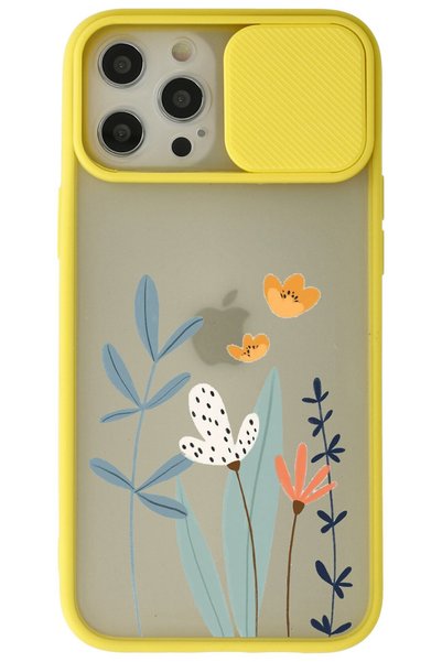 WANNA PROTECT iPhone 12 Pro Yellow Camera Protected Sliding Flower Printed Si...
