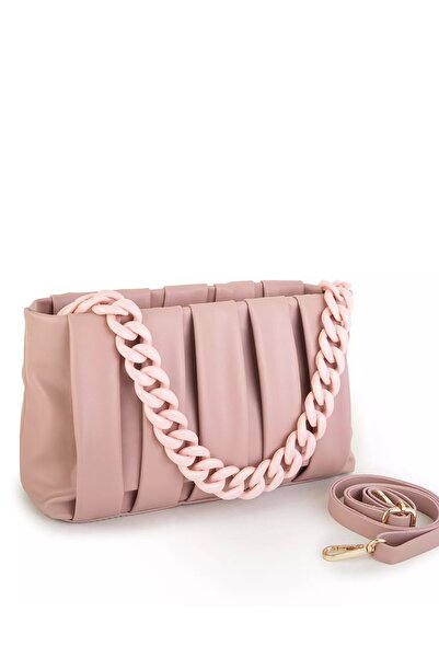 Lifonbag Kadın Pembe Uzun Çapraz Askılı Blok Kesimli Zincirli Baget Çanta