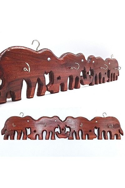 Dünyadan Hediyeler Elephant Themed Quadruple Wooden Bag and Key Hanger