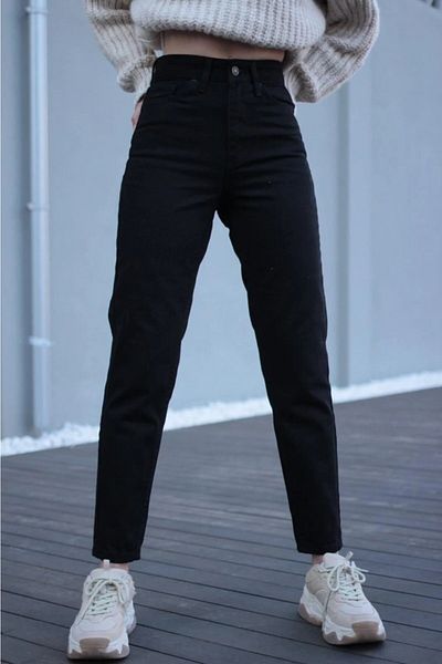 Trn JNS Kaisa Negru cu talie înaltă Lycra Mom Jeans Blugi din denim