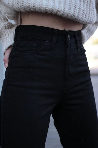Trn JNS Kaisa Negru cu talie înaltă Lycra Mom Jeans Blugi din denim