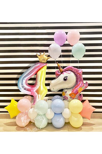 PARTİAVM Gökkuşağı Rakam Balonlu Unicorn Temalı Doğum Günü Karşılama Seti Kol...