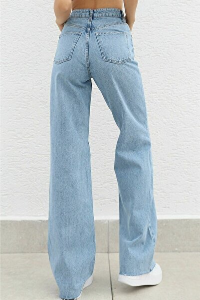 Ramrod Lusi 90's Likralı Kadın Mavi Kar Süper Yüksek Bel Salaş Paça Denim Kot Palazzo Pantolon