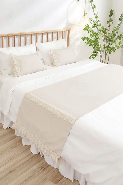 RİTMOHOME Σετ κρεβατιού Runner & Inner Filled Throw Pillow Σετ διπλό βολάν Vintage κρέμα προίκα, κάλυμμα κρεβατιού