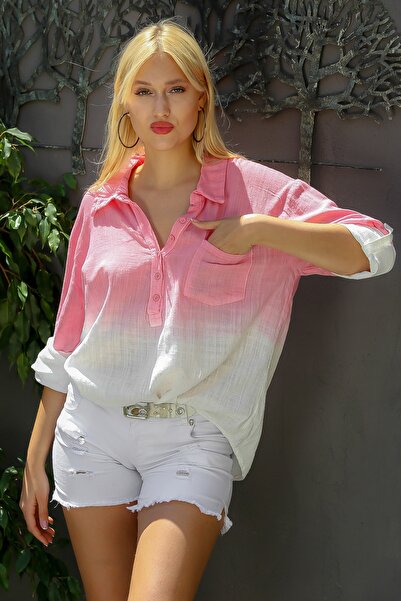 Chiccy Women's Red Shirt Collar Half Placket Batik Patterned Oversize Blouse M10010200BL94200