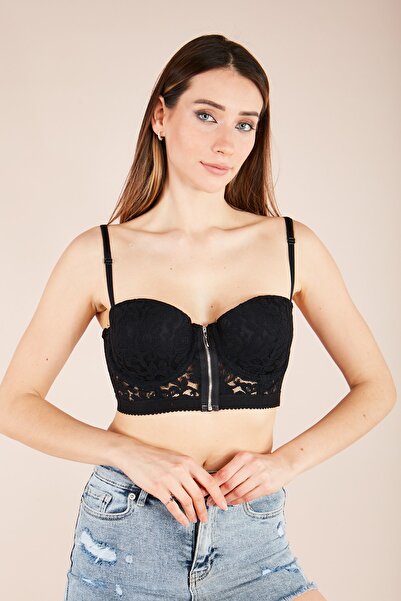 Miorre Push -up Dolgulu Dantelli Çapraz Askılı Fermuarlı Büstiyer
