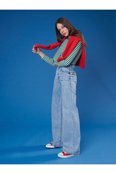 DRC trend Trend anii 90 Light Snow Wash Blue Lycra Blugi largi cu talie super înaltă Pantaloni Palazzo