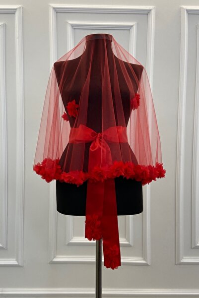 ZEYMERADE Kırmızı Üç Boyutlu Gelin Duvağı Kına Örtüsü Seti