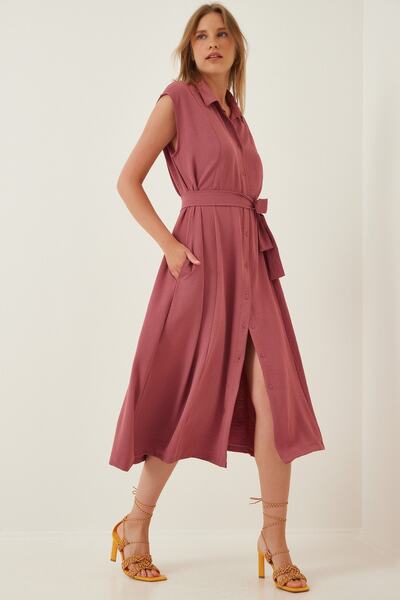 Happiness İstanbul Női Dusty Rose öves vászon viszkóz nyári ingruha DD00927