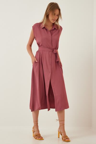 Happiness İstanbul Női Dusty Rose öves vászon viszkóz nyári ingruha DD00927