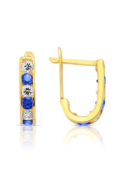 Lilarote Pırlanta Altın Çocuk Küpe Mavi Taşlı