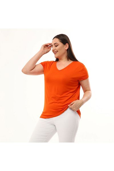 Temporium Women's Orange Large Size V-Neck Basic Viscose T-shirt