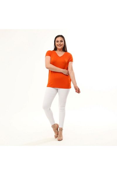 Temporium Women's Orange Large Size V-Neck Basic Viscose T-shirt