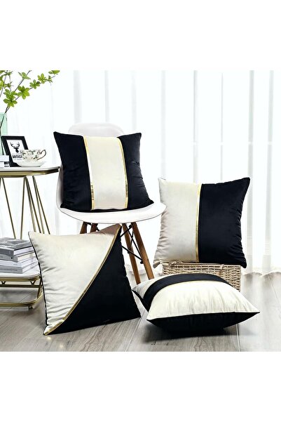 Bc Home 4'lü Siyah - Krem Deri Aksesuarlı Kadife Görünümlü Kırlent Kılıfı