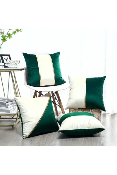 Bc Home 4'lü Yeşil - Krem Deri Aksesuarlı Kadife Görünümlü Kırlent Kılıfı