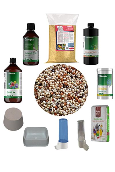 Röhnfried Muhabbet Kuşu Genel Ihtiyaç Seti ( Yem , Mama , Kum , Vitaminler , Suluk , Kumluk ) (CAM ŞİŞE)